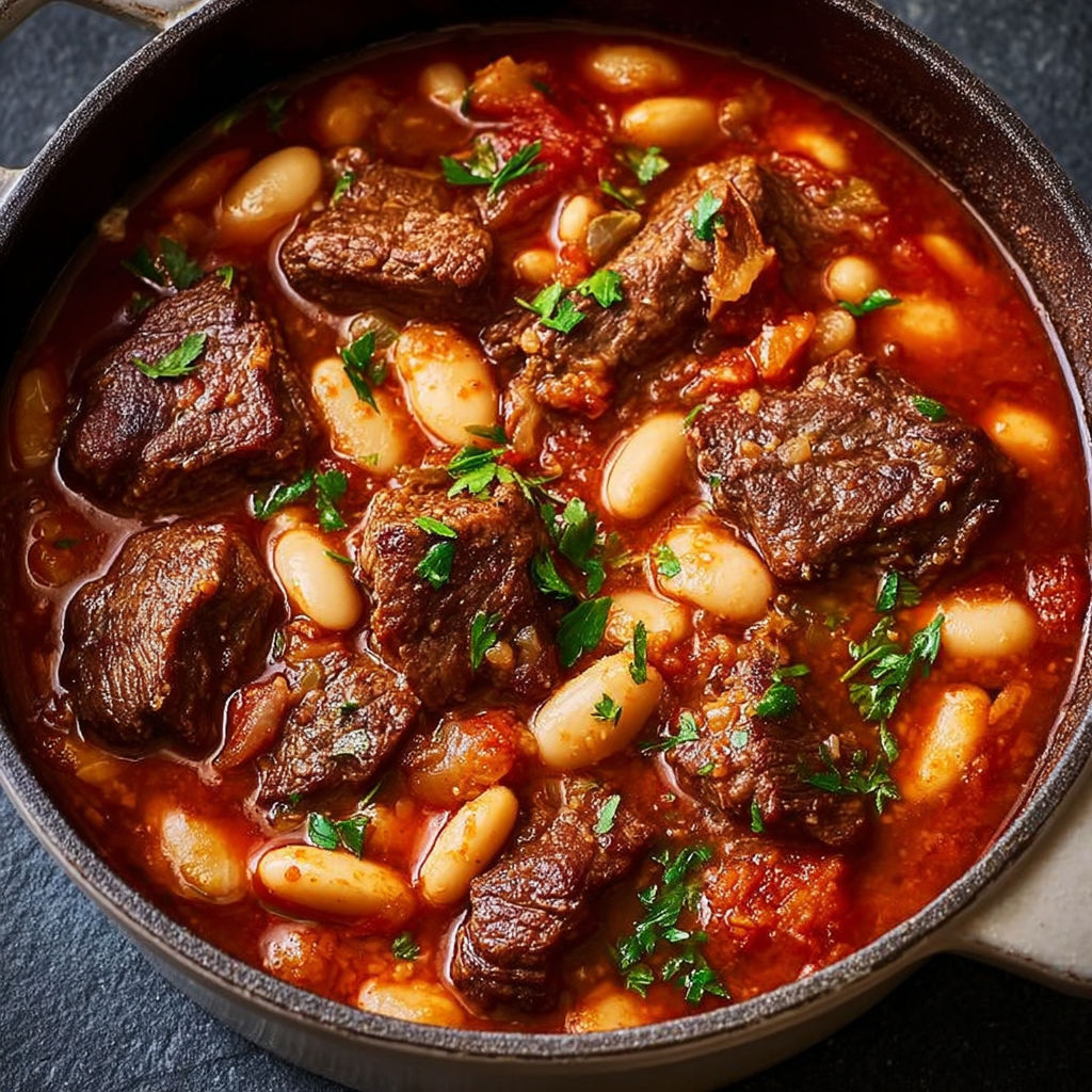 Une cocotte de haricots blancs et bœuf, pleine d’herbes et légumes.