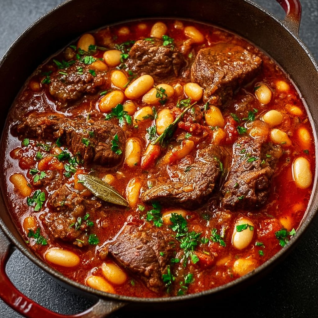 Une cocotte de bouillon à la viande, haricots verts, et épinards.