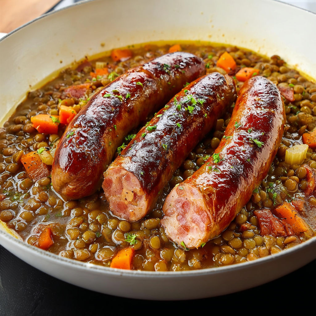 Plat de lentilles vertes du Puy aux saucisses de Montbéliard bien réconfortant.