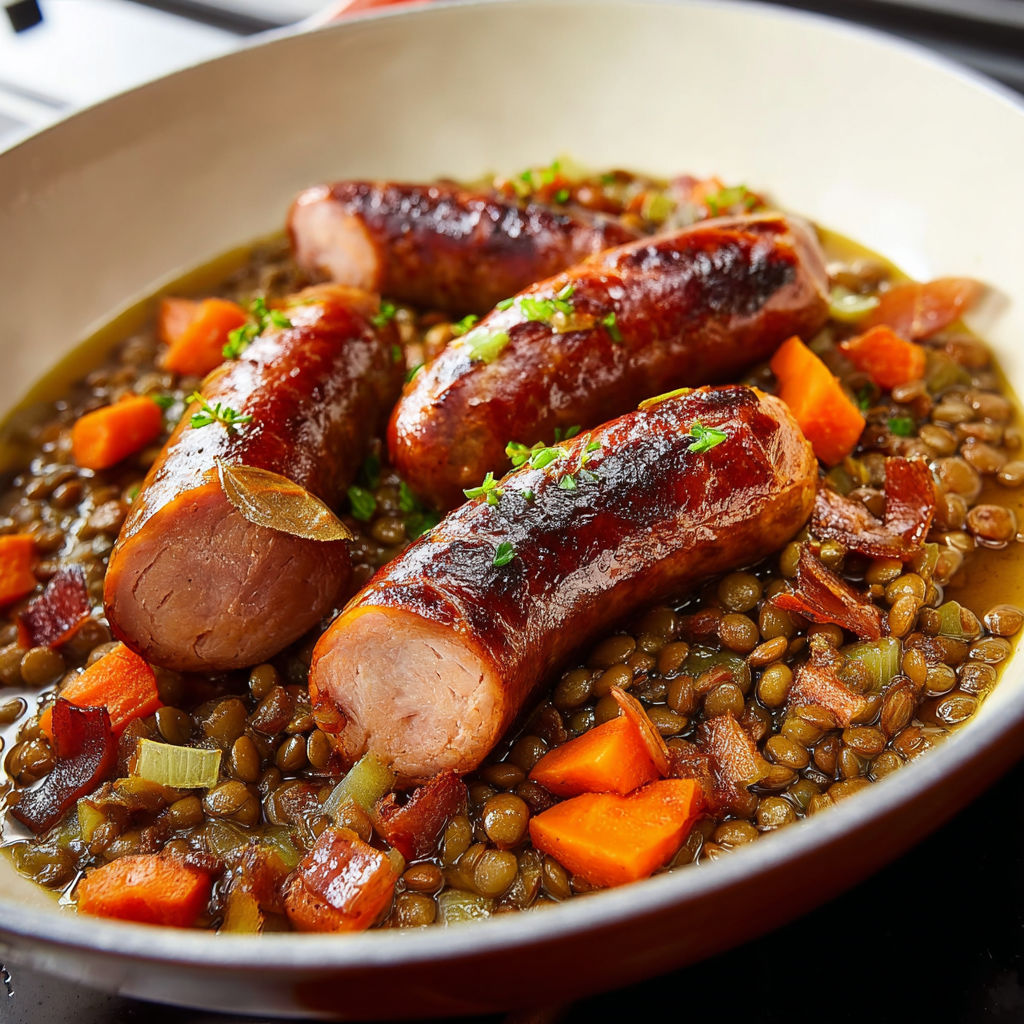 Lentilles vertes du Puy mijotées avec saucisses fumées de Montbéliard.