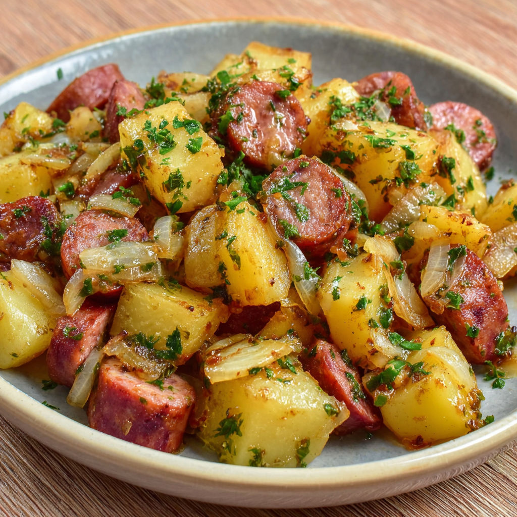Plat rustique de pommes sautées et saucisses fumées, accentué par des herbes.