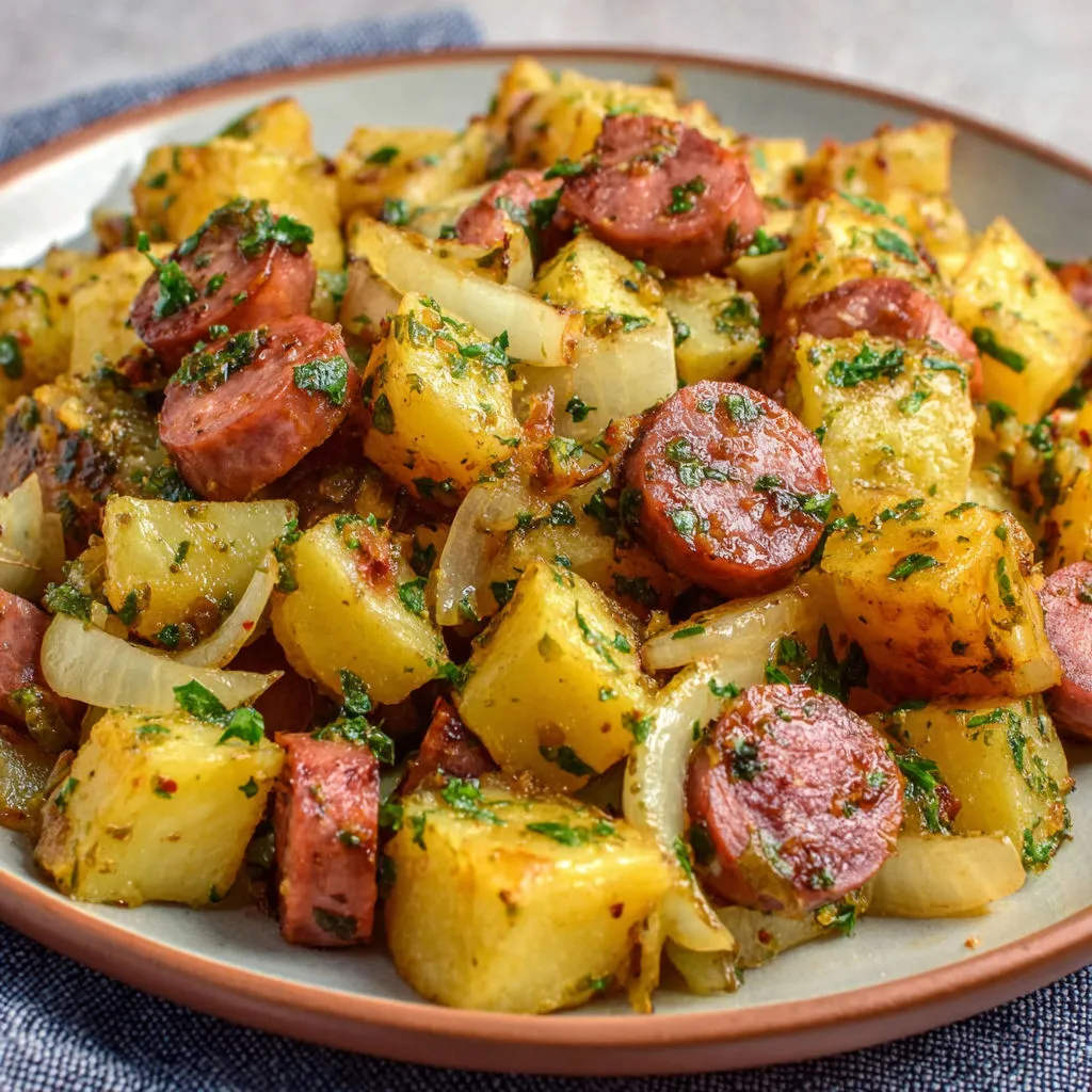 Plat de pommes de terre dorées et d’oignons avec de la saucisse en rondelles.