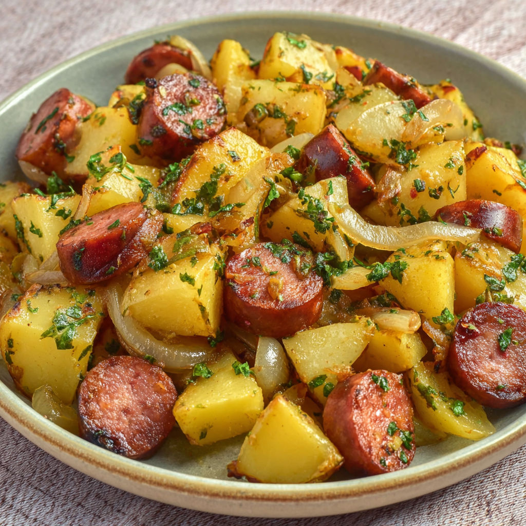 Plat de pommes de terre dorées et d’oignons avec de la saucisse en rondelles.