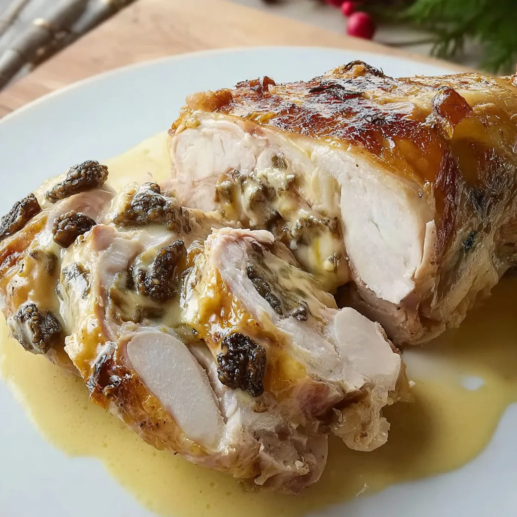 Suprême de volaille dorée accompagné de champignons et d’une sauce acidulée.