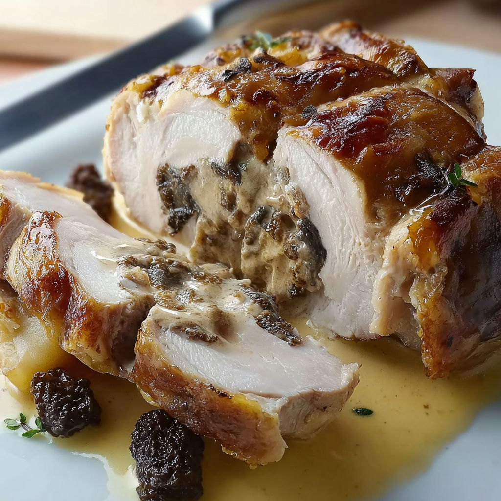 Volaille rôtie accompagnée de champignons et herbes, nappée d’une sauce acidulée.