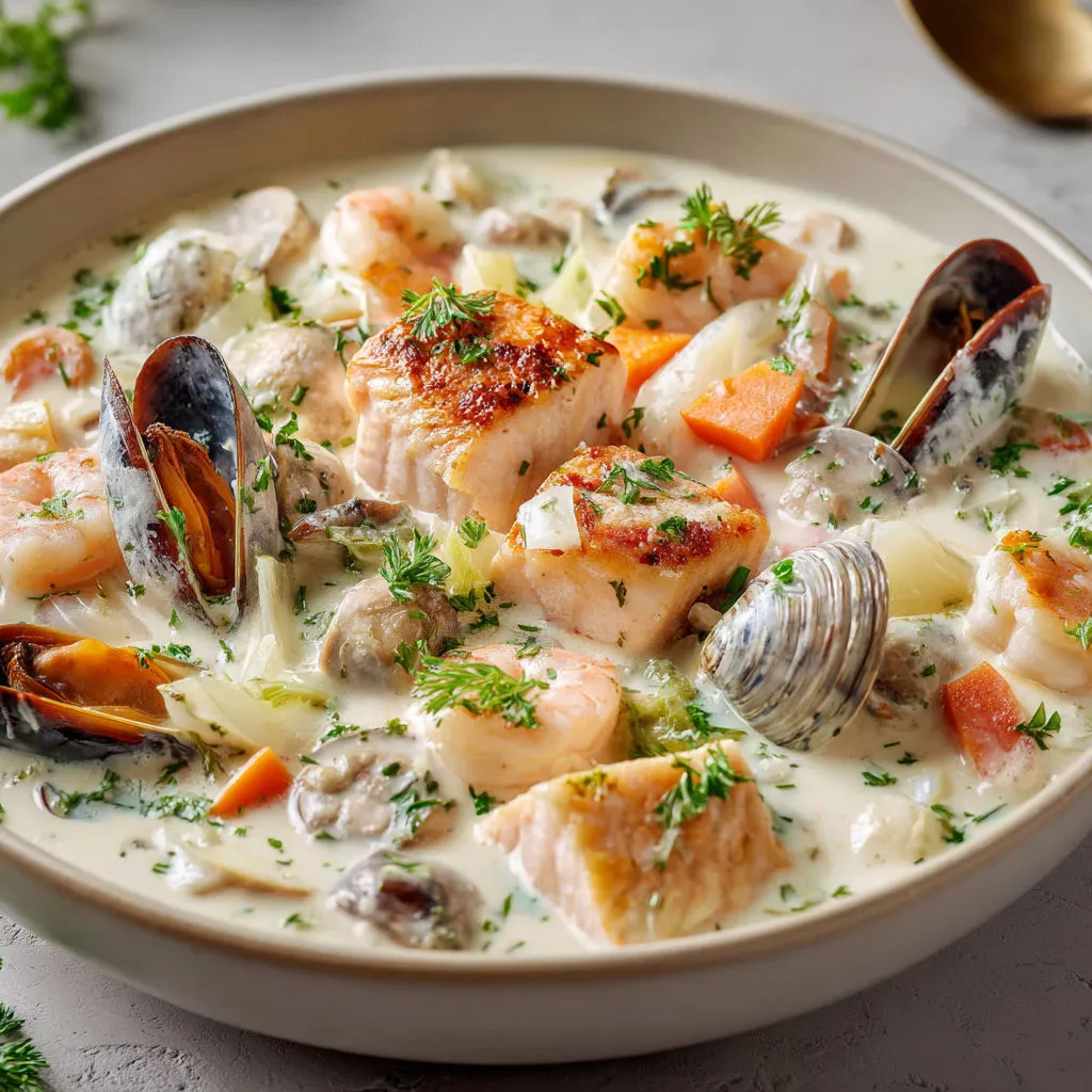 Bol de bouillon de poisson aux moules, crevettes, carottes et herbes.