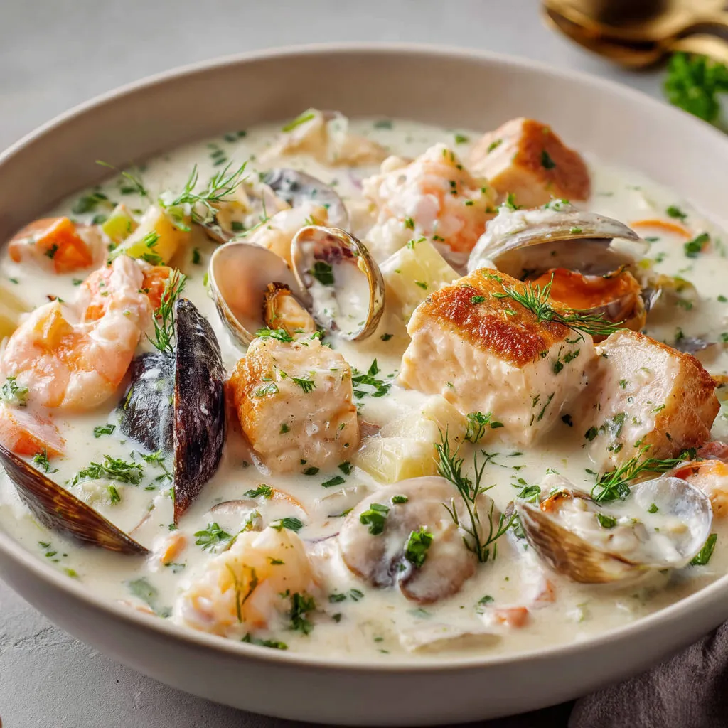 Bol gourmand de soupe de la mer avec crevettes, pétoncles et coquillages.