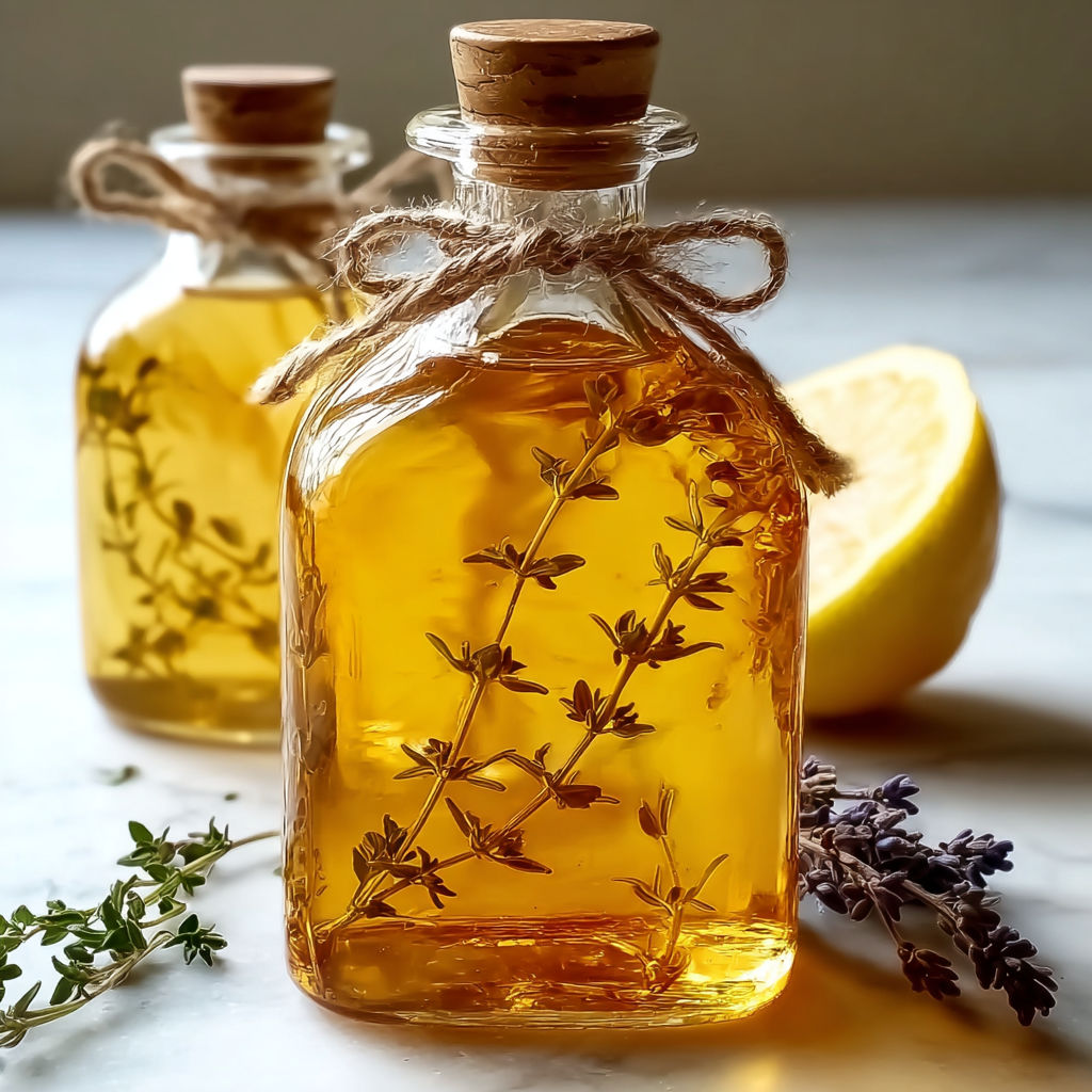 Un pot de sirop de thym fait maison avec un citron vert et des herbes fraîches.