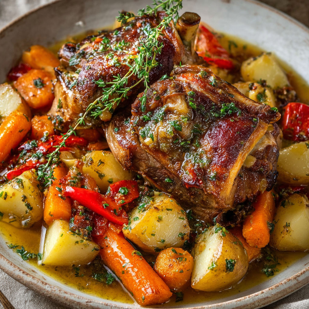 Un plat de porc moelleux avec légumes colorés et jus parfumé, idéal pour un repas convivial.