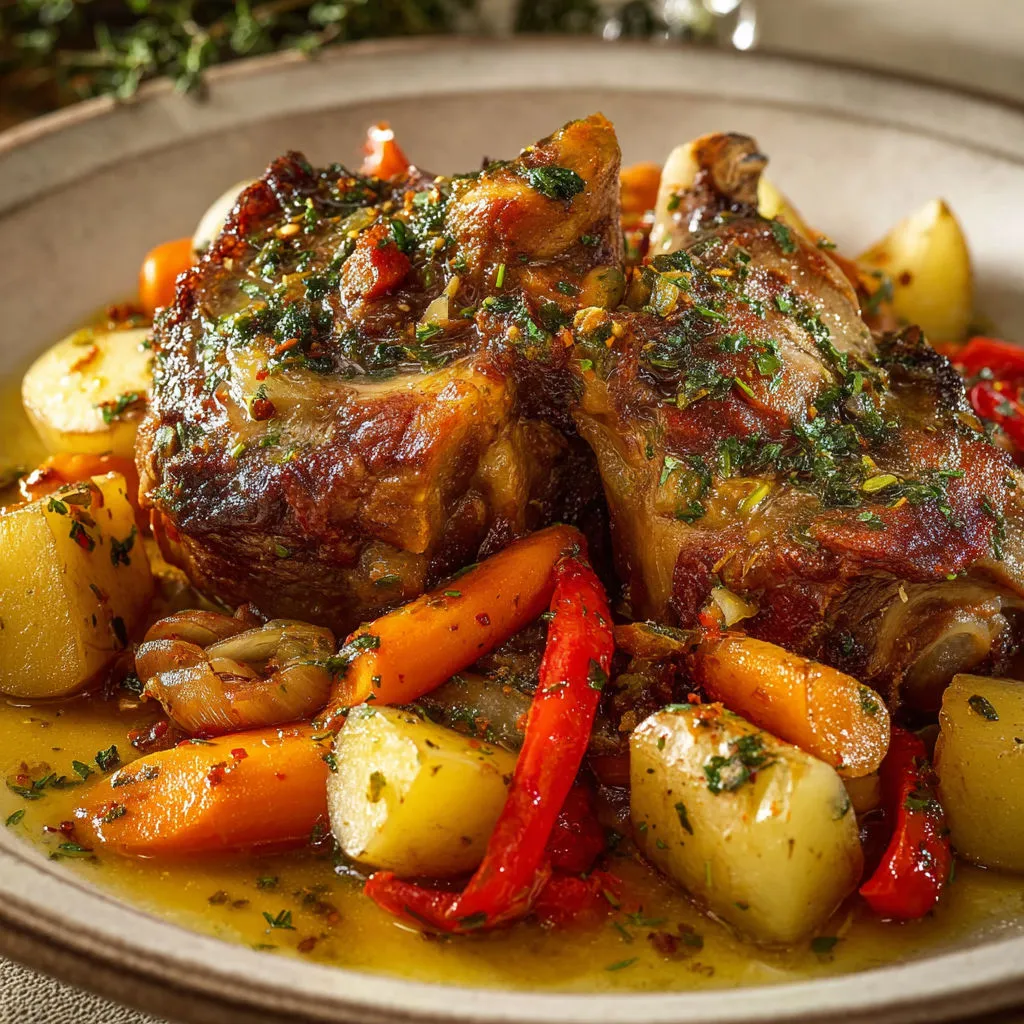 Jarret de porc et légumes tendrement confits au jus d’herbes français, un plat super gourmand.