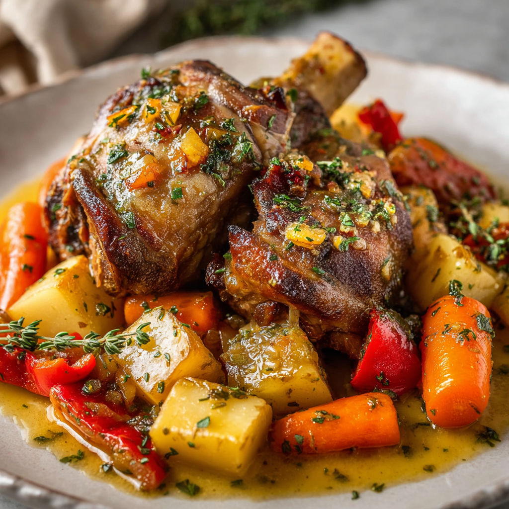Un plat de jarret de porc savoureux et légumes fondants aux herbes, à la française.