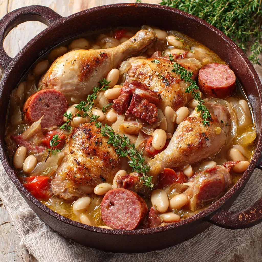 Plat mijoté maison façon grand-mère avec poulet tendre et saucisses fumées.