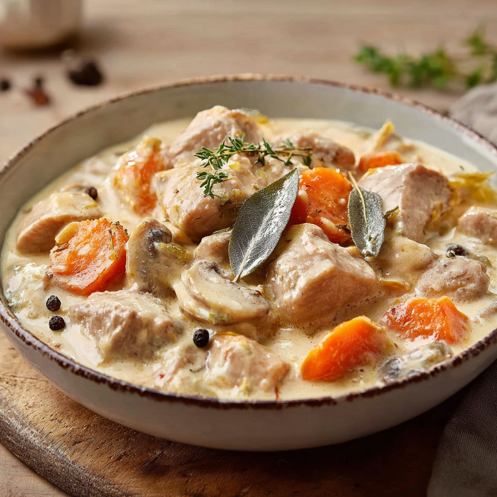 Une délicieuse blanquette de veau légère mijotée au Thermomix, servie dans une assiette.