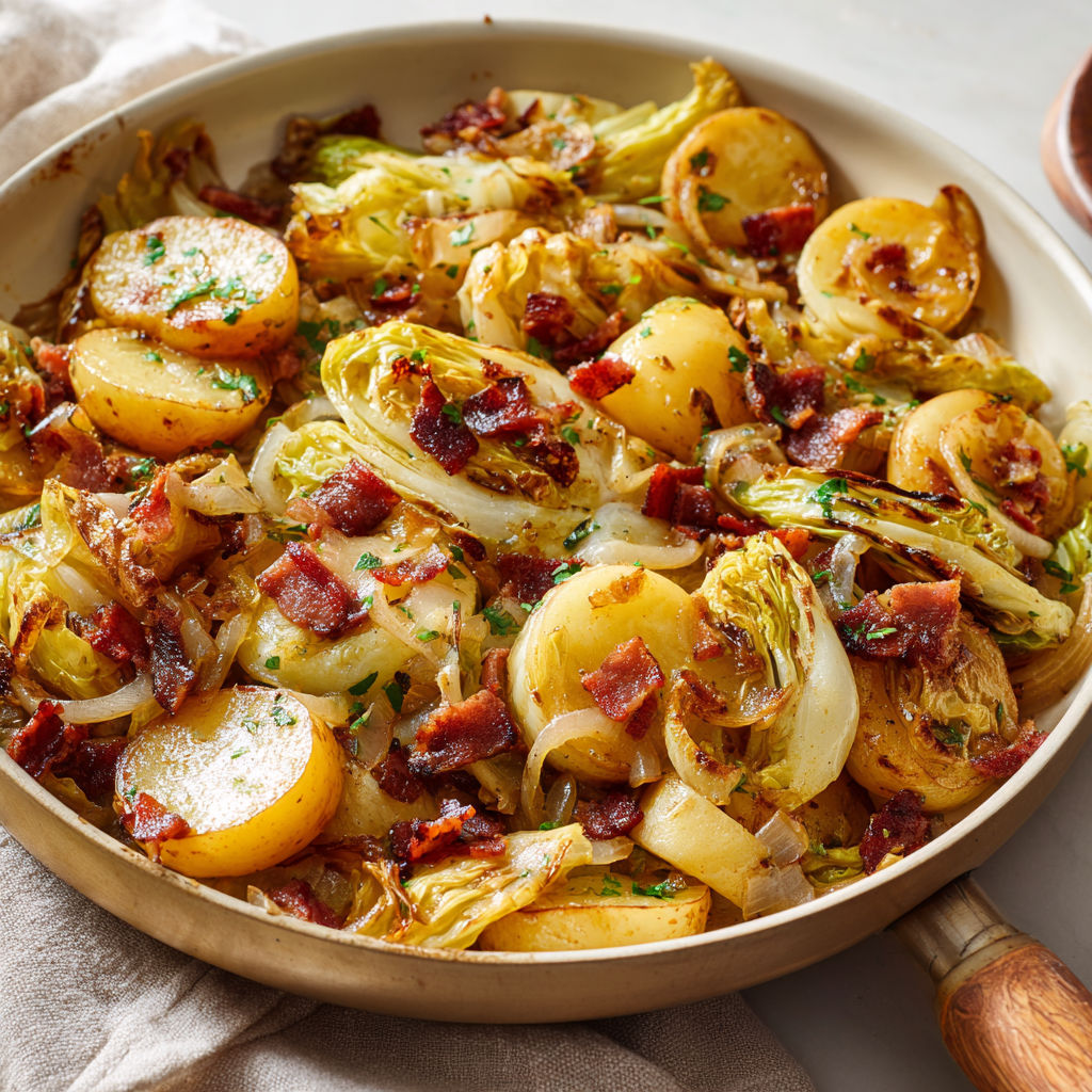 Un plat chaud d’endives mijotées accompagné de lardons fumés et légumes, sur une table.