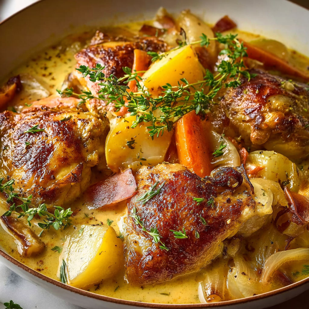 Plat appétissant de poulet mijoté au cidre brut avec ses légumes colorés et des herbes.