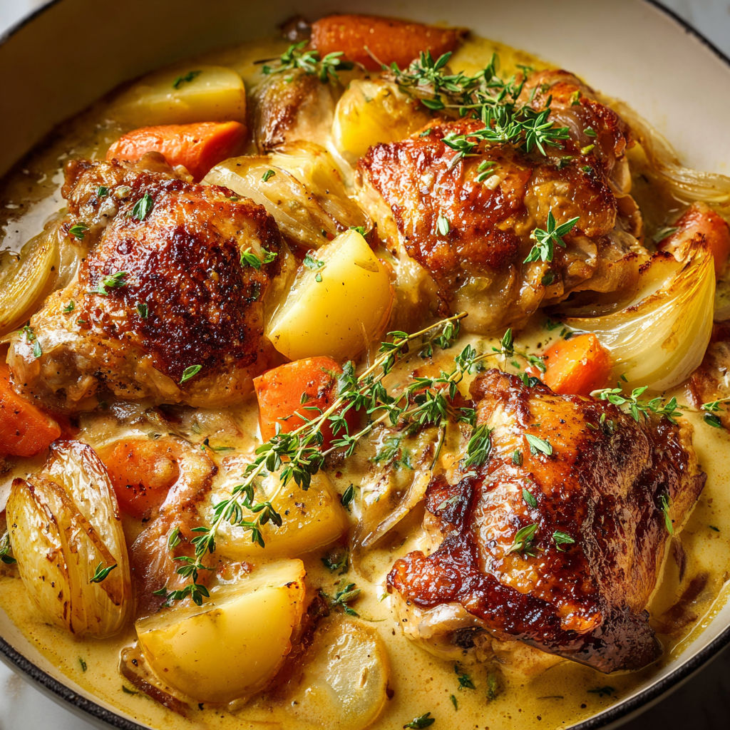 Poulet en cocotte au cidre avec des légumes ultra tendres à la normande.