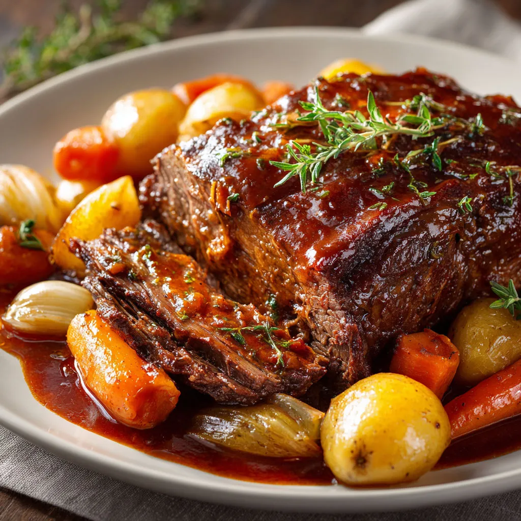 Bœuf au vin rouge et légumes mijotés, tout en gourmandise de famille.