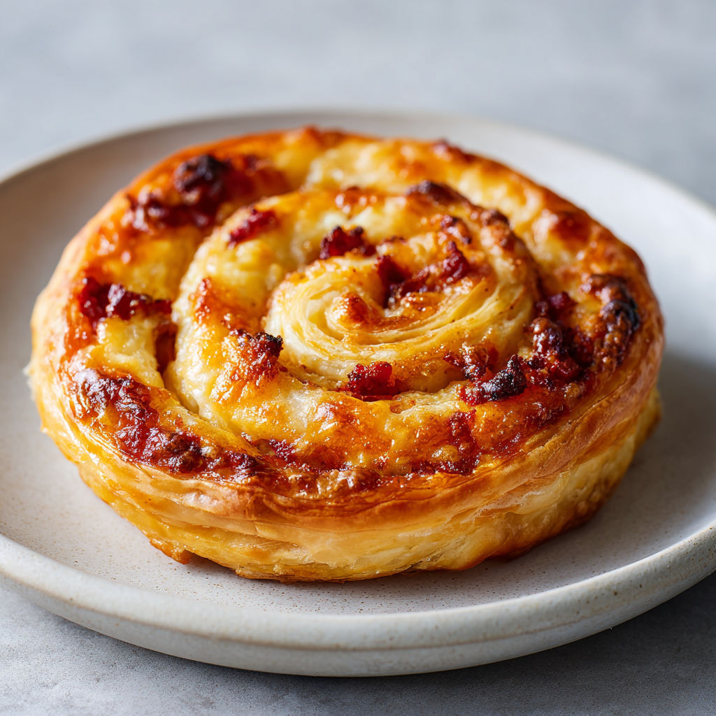 Des bouchées feuilletées croustillantes au chorizo et gruyère sur un plateau.