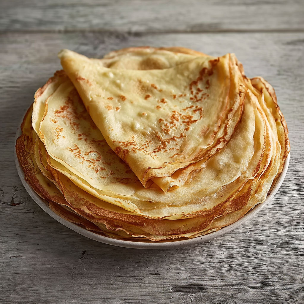 Une assiette de crêpes maison dorées sur une table.