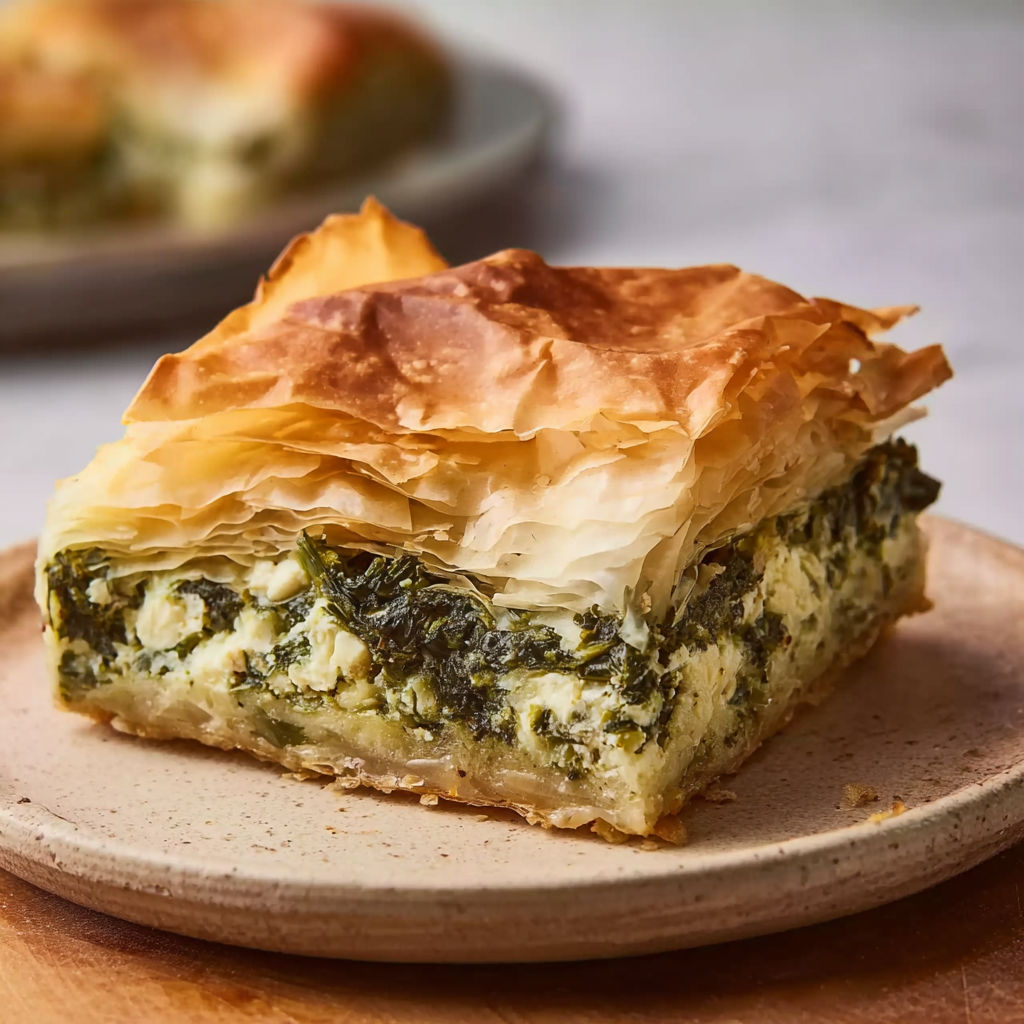 Spanakopita bien croustillant, rempli d’épinards et de feta.