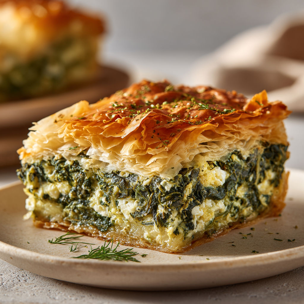 Feuilleté grec fondant aux épinards, feta et herbes fraîches.