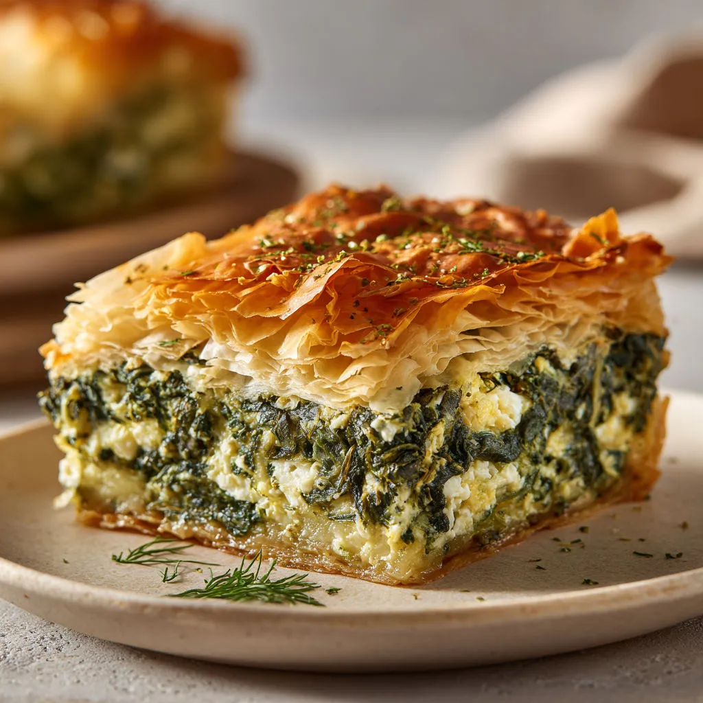 Feuilleté grec fondant aux épinards, feta et herbes fraîches.