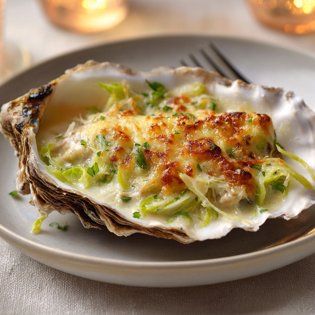 Un plat d’huîtres gratinées aux poireaux prêtes à être servies.