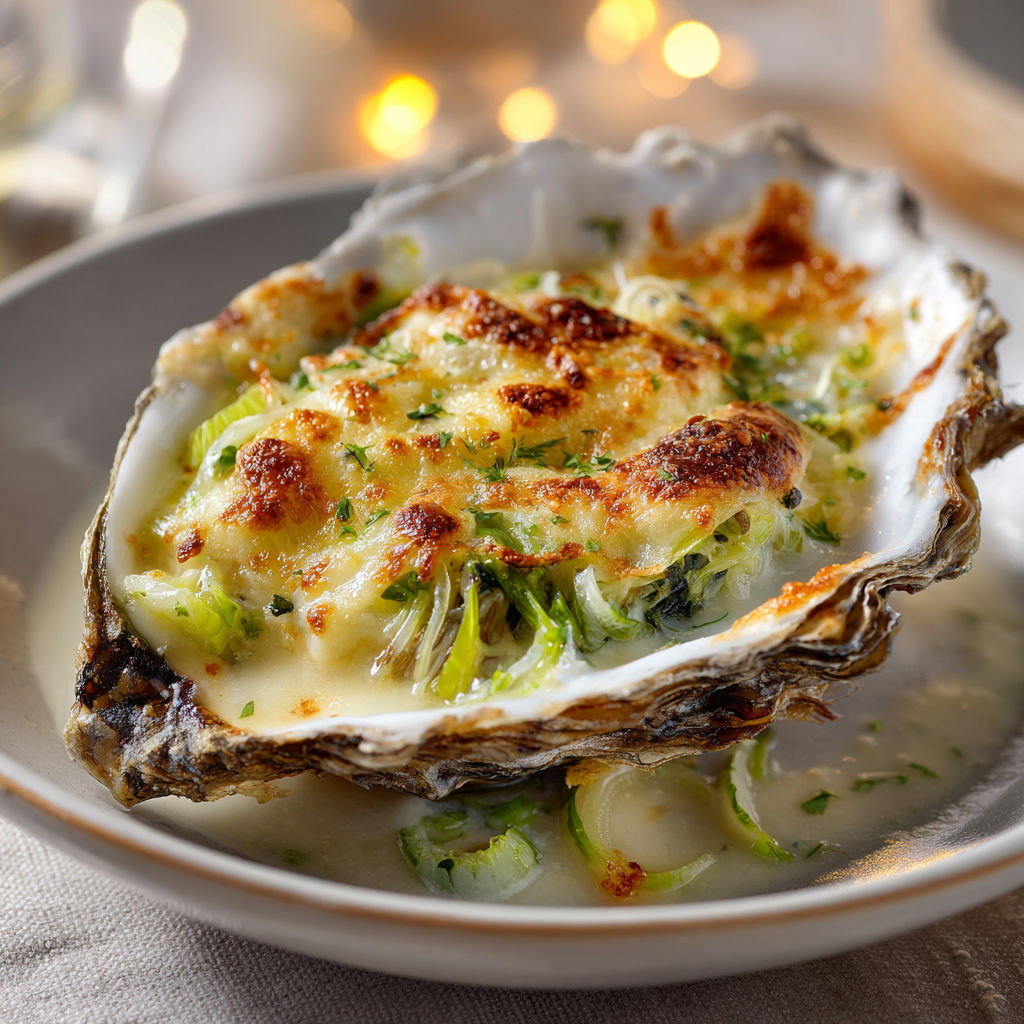 Une assiette d’huîtres gratinées aux poireaux avec un verre de vin blanc à côté.