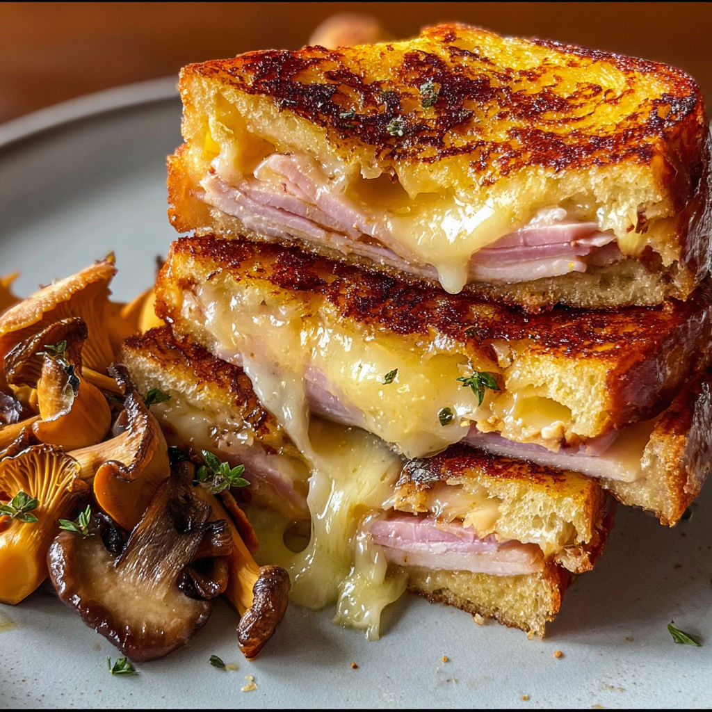 Sandwich croquant de Comté et girolles sautées avec fromage fondant.