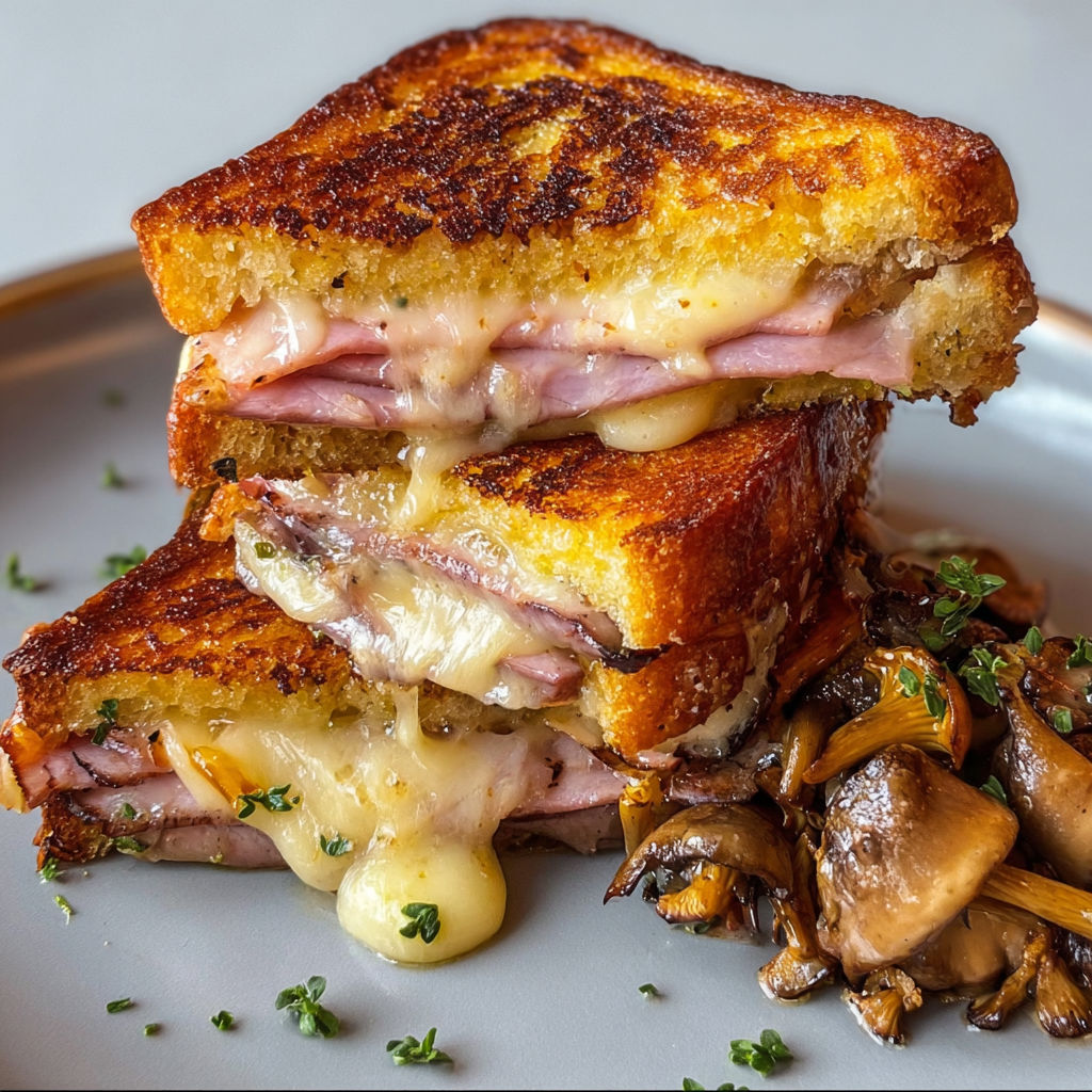 Brioche façon croque à la truffe, comté qui file et girolles dorées.