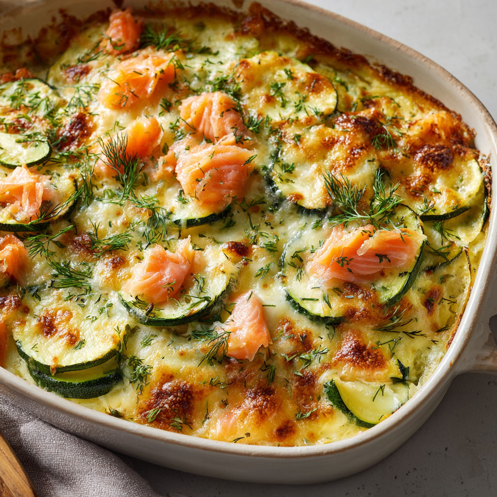 Un délicieux gratin avec courgettes et saumon fumé.