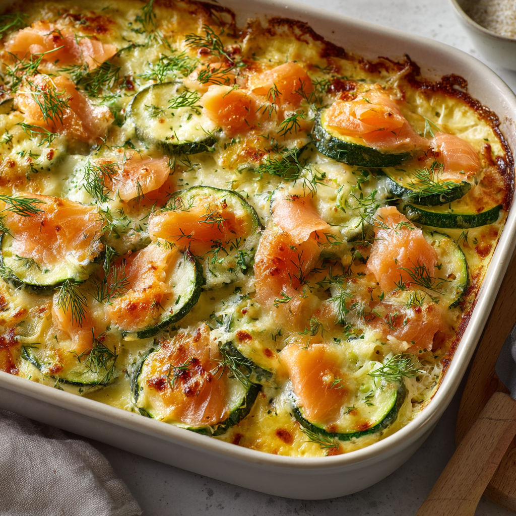 Gratin tendre de courgettes et saumon fumé avec crème onctueuse.