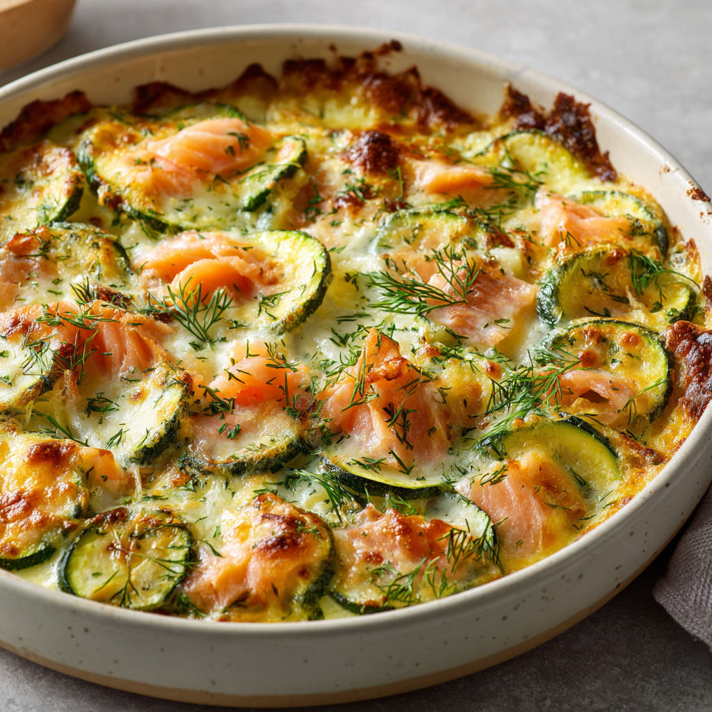 Gratin maison léger avec saumon fumé et courgettes.