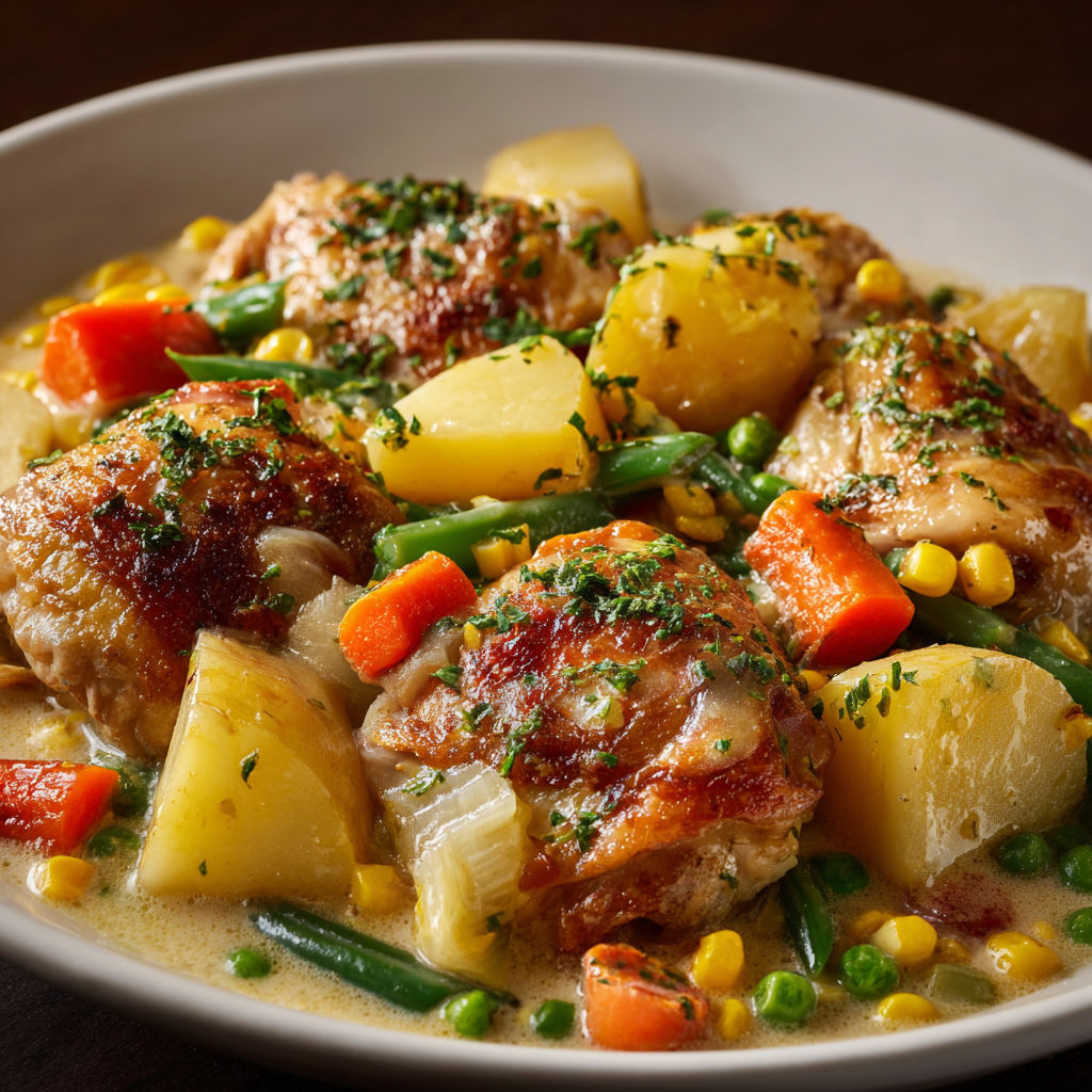 Poulet doré mijoté avec légumes et pommes de terre dans une sauce crémeuse, bien appétissant.