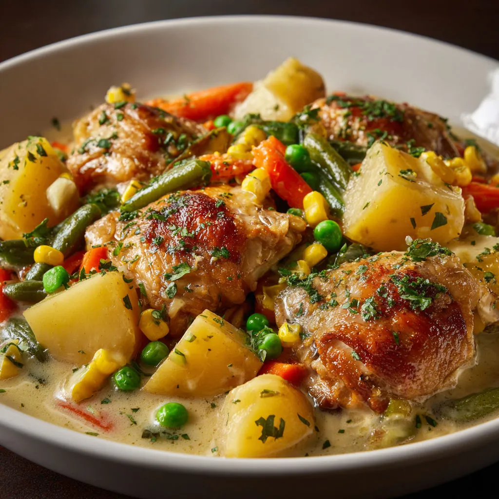 Hauts de cuisse de poulet dorés, légumes frais et sauce crémeuse onctueuse pour un plat rassurant.