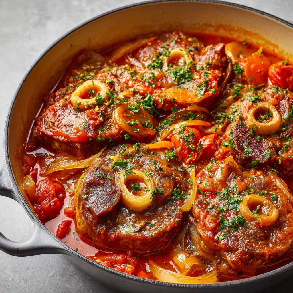 Assiette d’osso buco milanais avec morceaux de veau, légumes et sauce au vin blanc.
