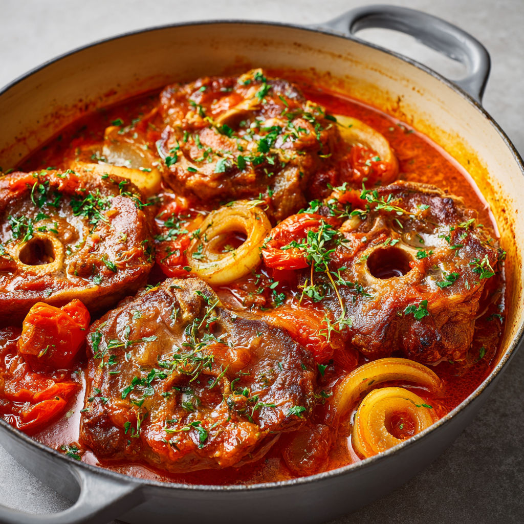 Osso buco milanais avec viande mijotée, sauce tomate, carottes et oignons fondants.