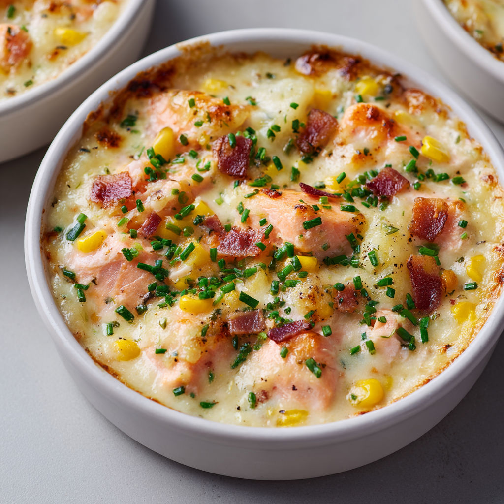 Un gratin crémeux de saumon au maïs, présenté dans un bol gourmand.