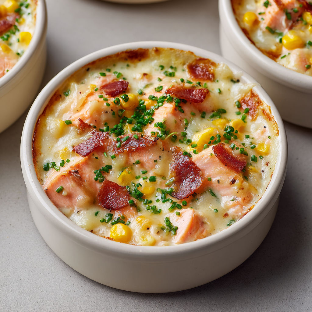 Chaudrée gratinée au saumon et au maïs, soupe onctueuse avec pommes de terre, saumon et bacon croustillant.