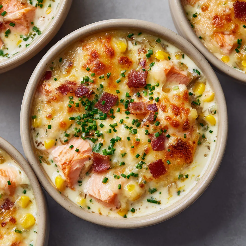 Chaudrée saumon et maïs gratinée au fromage, soupe généreuse et réconfortante.