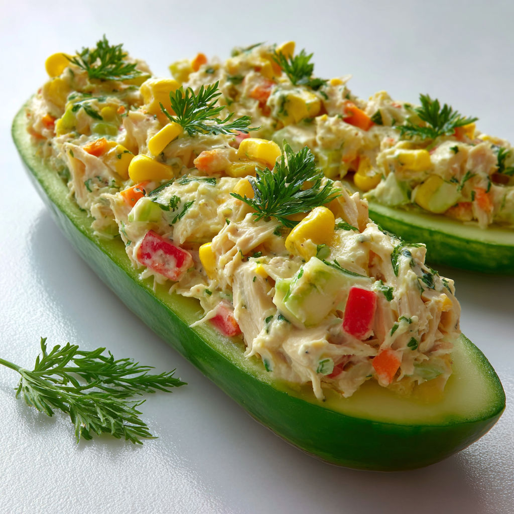 Concombres croquants farcis au poulet et légumes frais, une idée originale et facile.