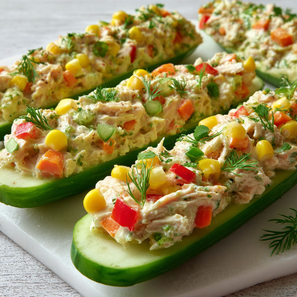 Concombres garnis au poulet croustillant et légumes croquants.