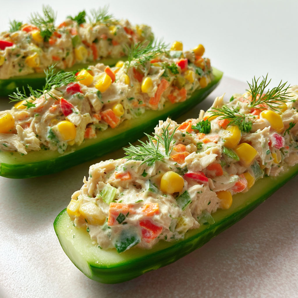 Barquettes de concombre au poulet ultra crémeux et maïs sucré.