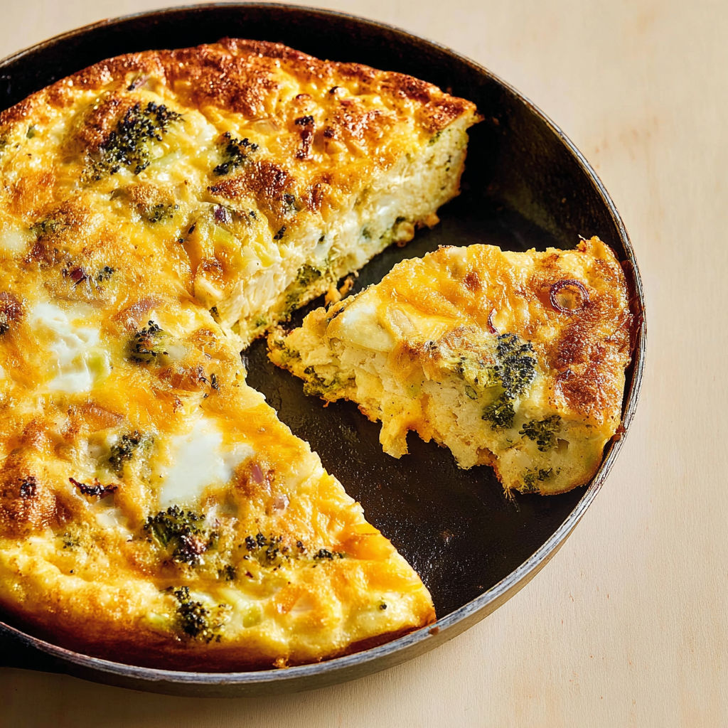 Un plat en fonte contenant une frittata moelleuse garnie de choux et fromage.