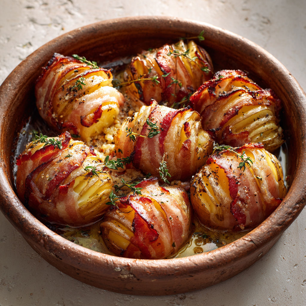 Pommes tendres enroulées de lard avec des herbes fraîches sur une belle table.