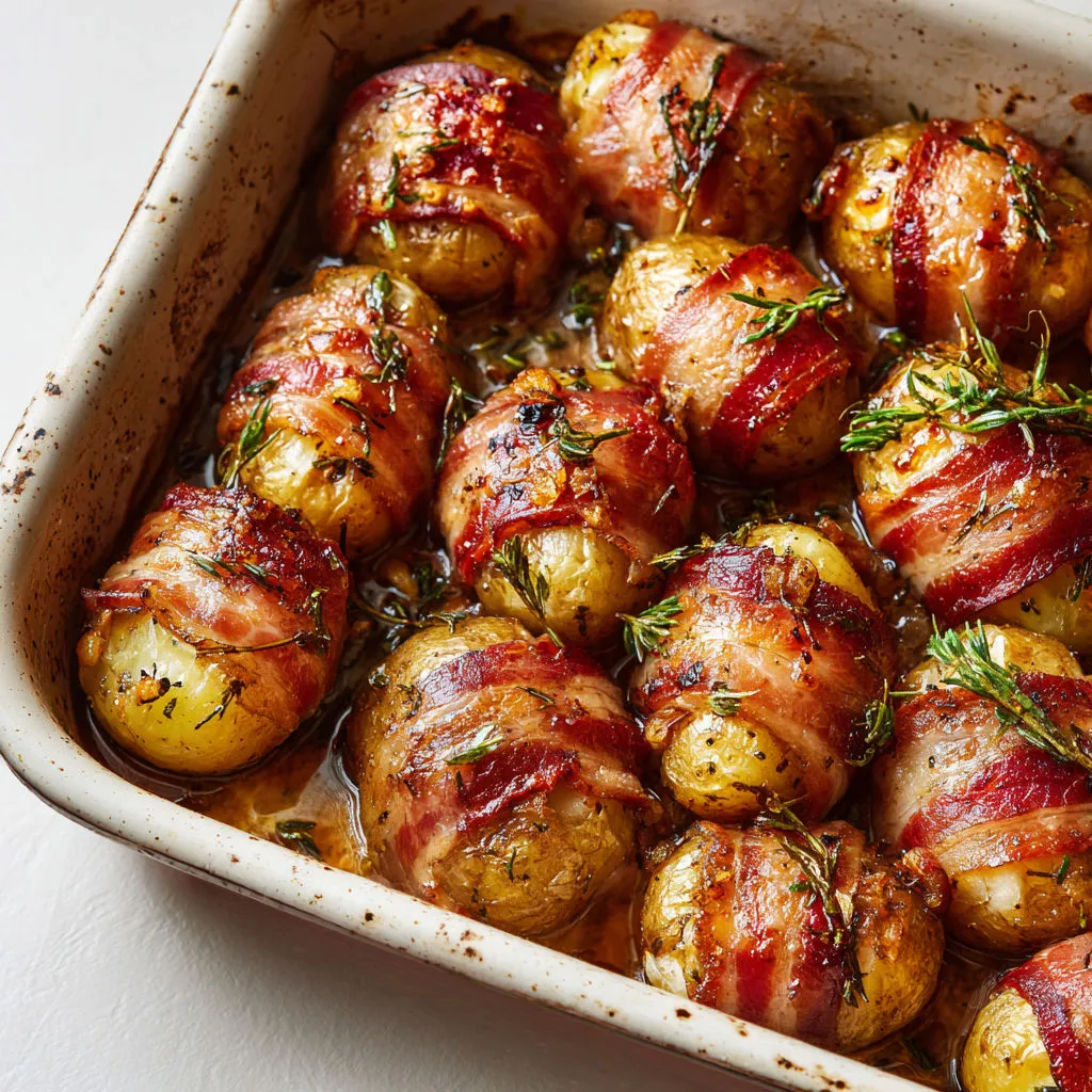 Pommes de terre enrobées de lard croustillant, douces avec le thym.