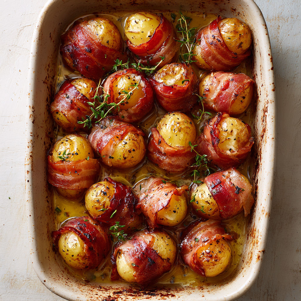 Pommes de terre dorées au lard, beurre et thym, plat tout doux.