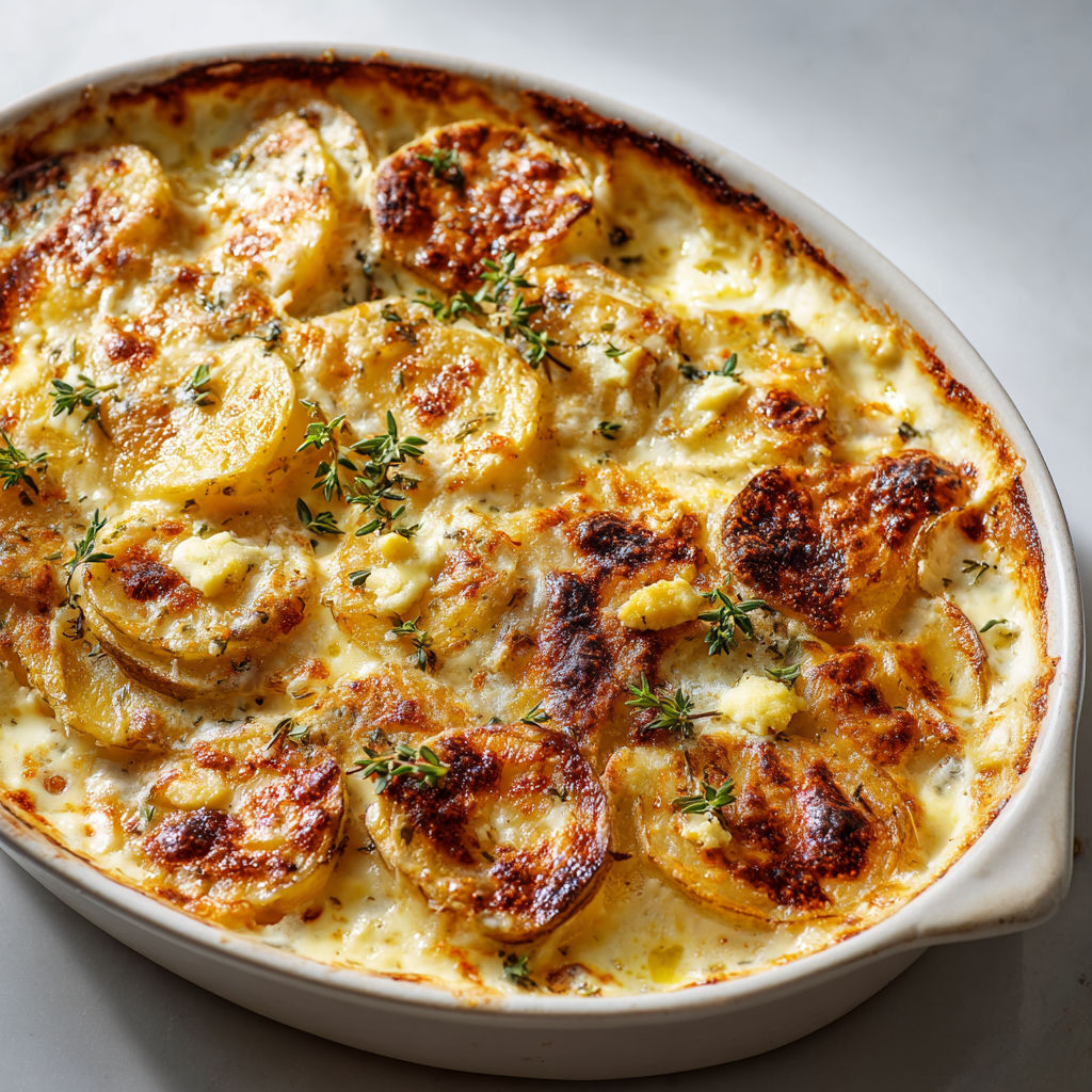 Gratin de pommes de terre avec camembert fondu et flamme au calvados.