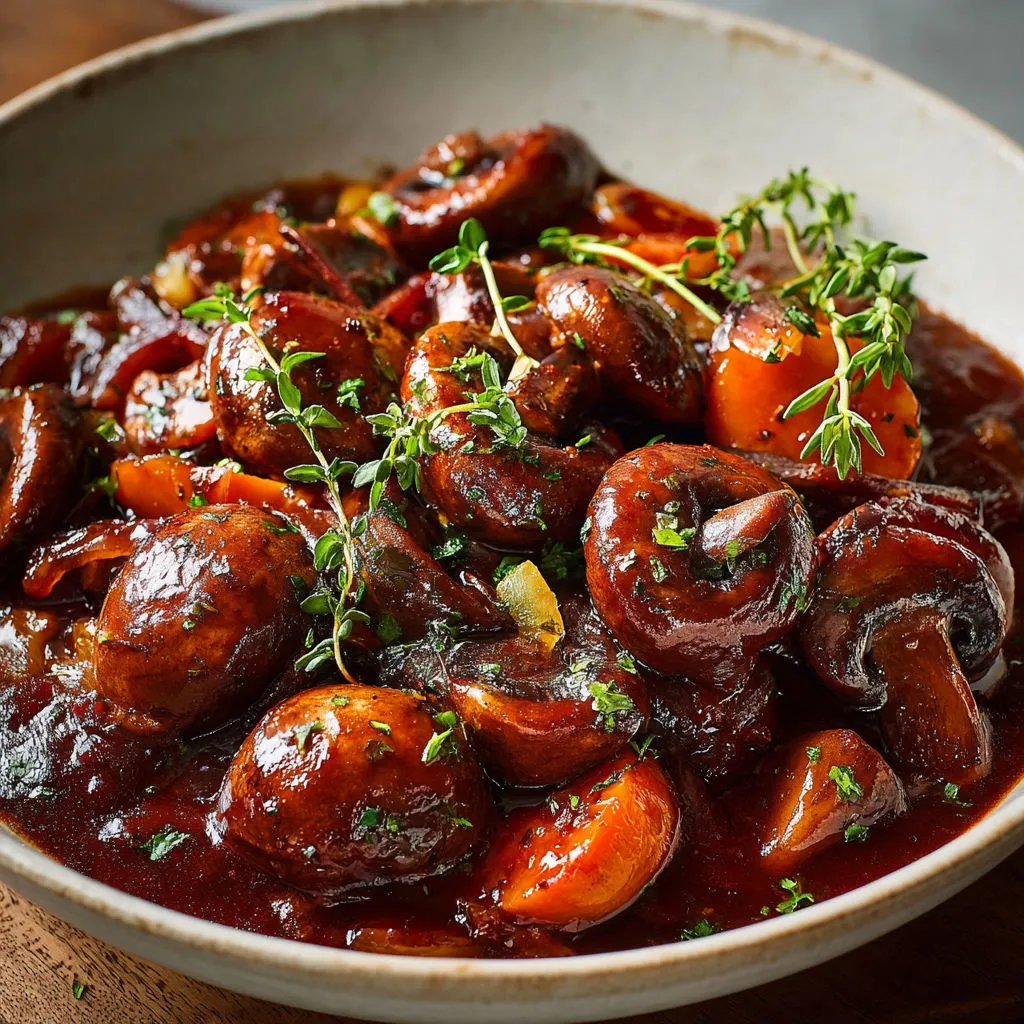 Mijoté de champignons au vin rouge, sauce pleine d’arômes.