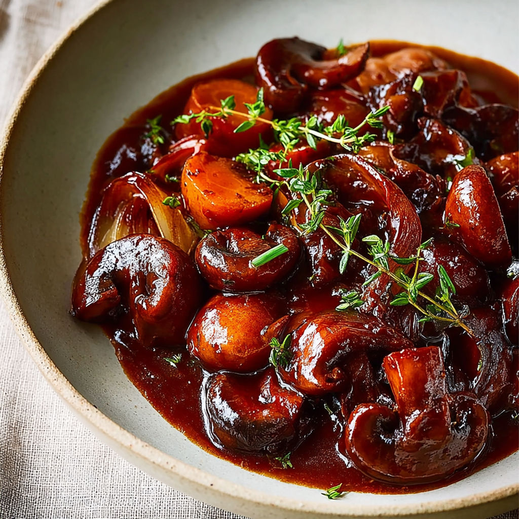 Champignons en sauce fondante, généreusement parfumés au thym.
